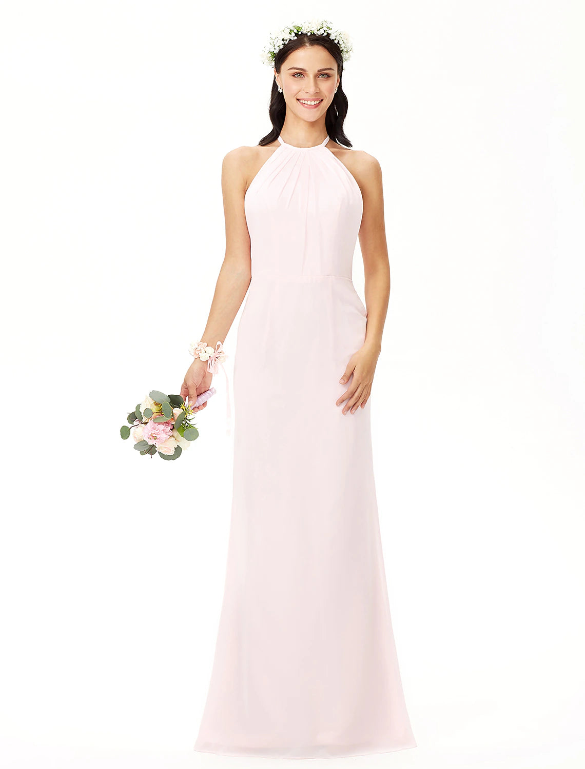 Wholesale Sheath / Column Bridesmaid Dress Jewel Neck Sleeveless Elegant Floor Length Chiffon with Pleats